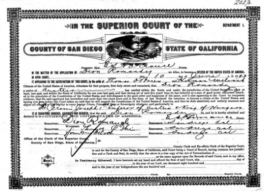 Dion Romandy's naturalization certificate