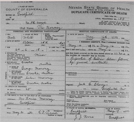 Victor Maroney Death Certificate