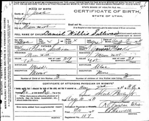 Daniel Willis Sullivan Birth Certificate