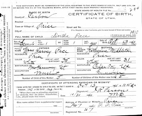 Dortha Pace Birth Certificate