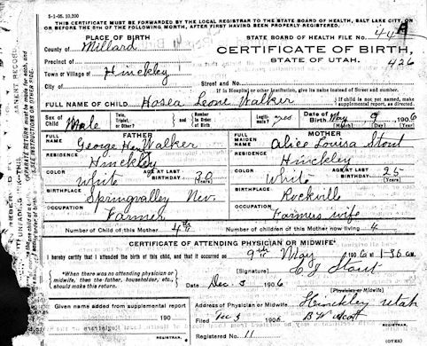 Hosea Leone Walker Birth Certificate