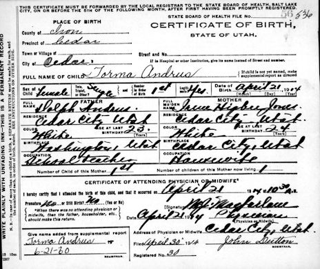 Torma Andrus Birth Certificate