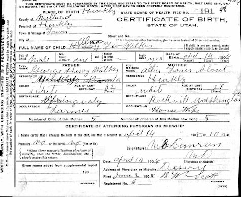 Alma Leo Walker Birth Certificate