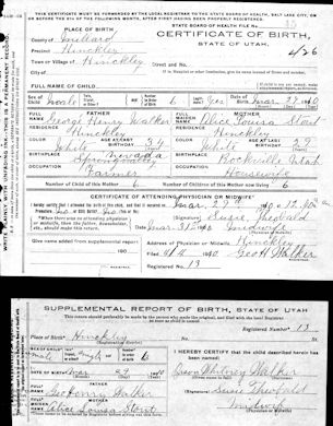 Orson Whitney Walker Birth Certificate