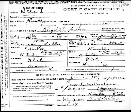Elizabeth Walker Birth Certificate