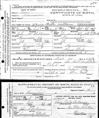 Wavie Orilla Williams Birth Certificate
