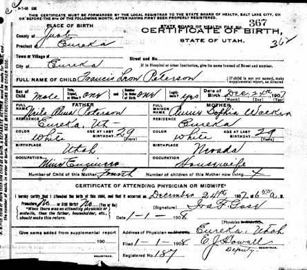 Francis Leon Peterson Birth Certificate
