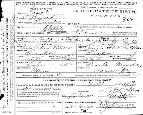 Clara Peterson Birth Certificate