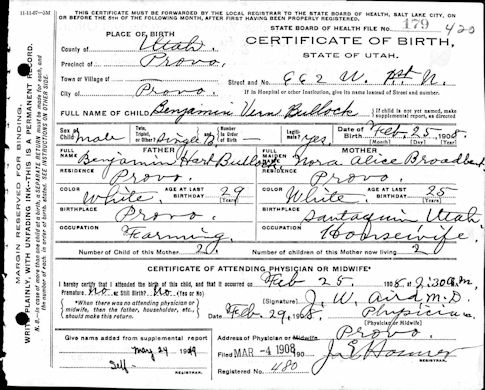 Benjamin Vern Bullockn Birth Certificate