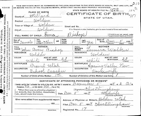 ERma Bishop Birth Certificate