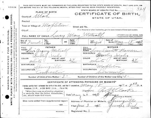 Lucy May Metcalf Birth Certificate