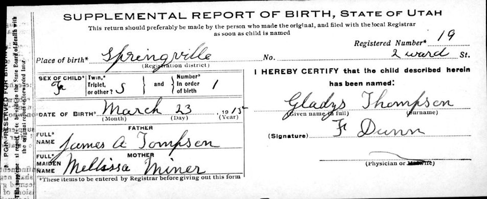 Gladys Thompson Birth Certificate