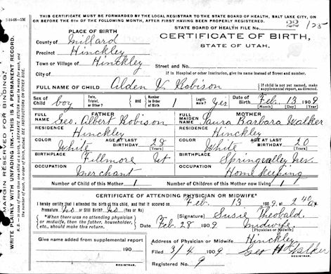 Alden V. Robison Birth Certificate