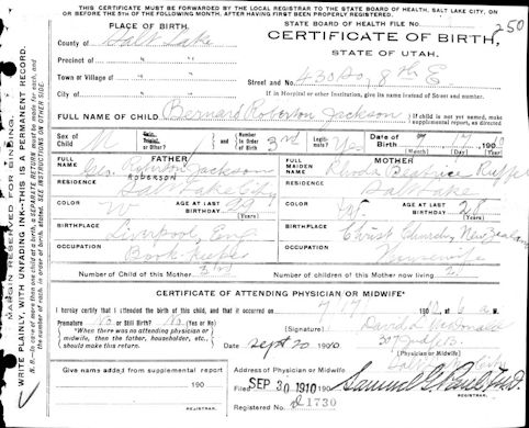 Bernard Roberton Jackson Birth Certificate