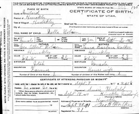 Nella Robison Birth Certificate